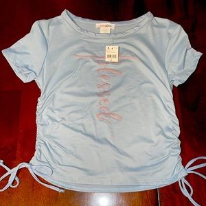 Ruby & Lace Girl’s Blue Top Blessed Silver Glitter Both Side Cinch Size Medium